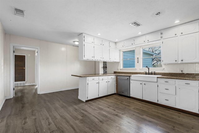 kitchen featuring a sink, white cabinetry, visible vents, and stainless steel dishwasher