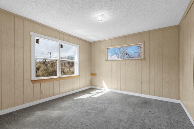 empty room with carpet flooring, a textured ceiling, and baseboards