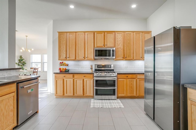 kitchen featuring backsplash, dark countertops, appliances with stainless steel finishes, and recessed lighting