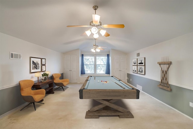 rec room with carpet, visible vents, baseboards, lofted ceiling, and pool table