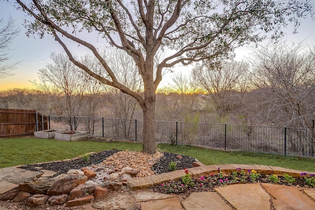 view of yard featuring a vegetable garden and a fenced backyard