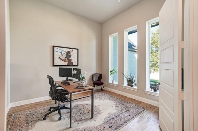 office with baseboards and wood finished floors