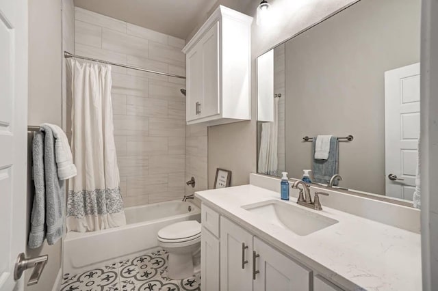 bathroom with toilet, shower / bathtub combination with curtain, tile patterned flooring, and vanity