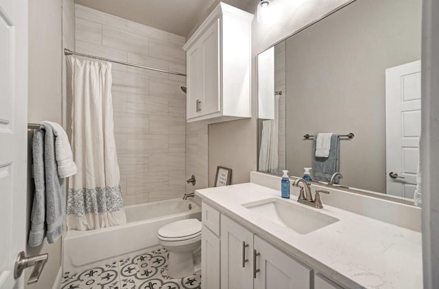 bathroom with tile patterned flooring, shower / bathtub combination with curtain, toilet, and vanity