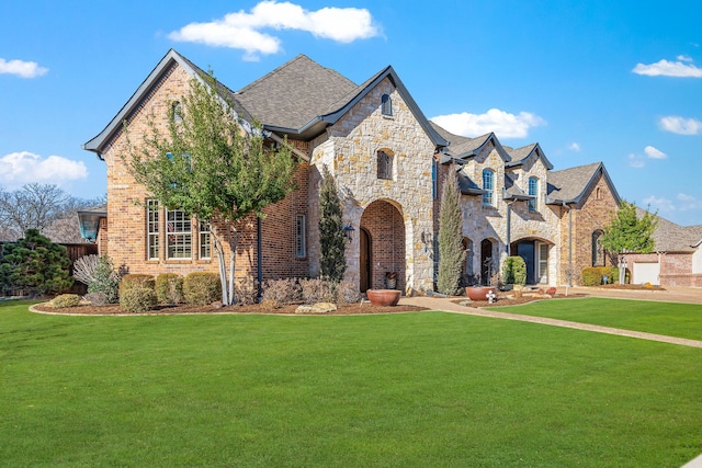 french provincial home with stone siding, a front lawn, a shingled roof, and brick siding