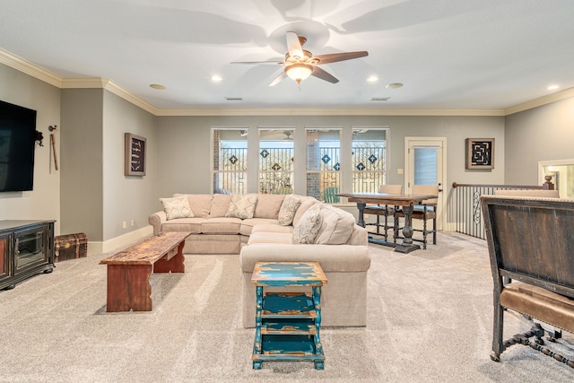carpeted living room with ceiling fan, ornamental molding, visible vents, and recessed lighting