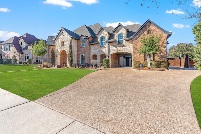 french country inspired facade with stone siding, brick siding, concrete driveway, and a front yard