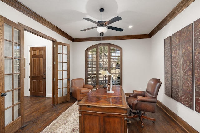 office featuring dark wood-style floors, french doors, crown molding, and baseboards