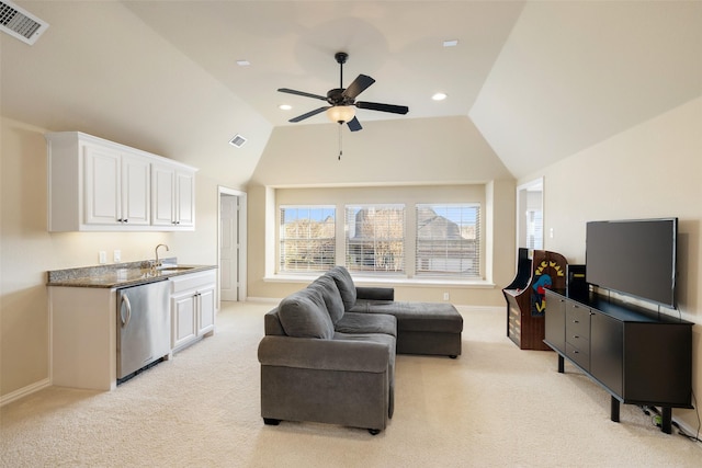 living room with visible vents, light carpet, a ceiling fan, recessed lighting, and baseboards