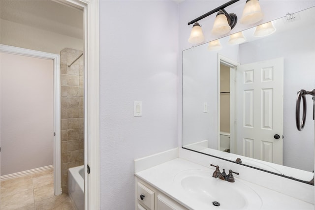 bathroom with vanity, tile patterned floors, toilet, and shower / bathtub combination