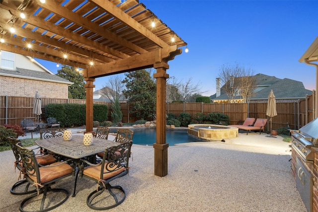 view of patio with outdoor dining space, a fenced backyard, a pergola, and a pool with connected hot tub