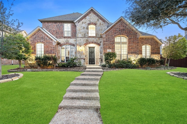 french country style house with brick siding and a front lawn