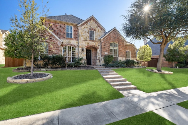 view of front of house featuring brick siding, stone siding, a front yard, and fence