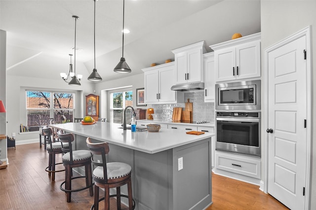 kitchen featuring light wood finished floors, stainless steel appliances, tasteful backsplash, light countertops, and under cabinet range hood