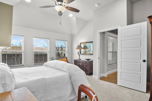 bedroom featuring recessed lighting, carpet flooring, a ceiling fan, baseboards, and vaulted ceiling