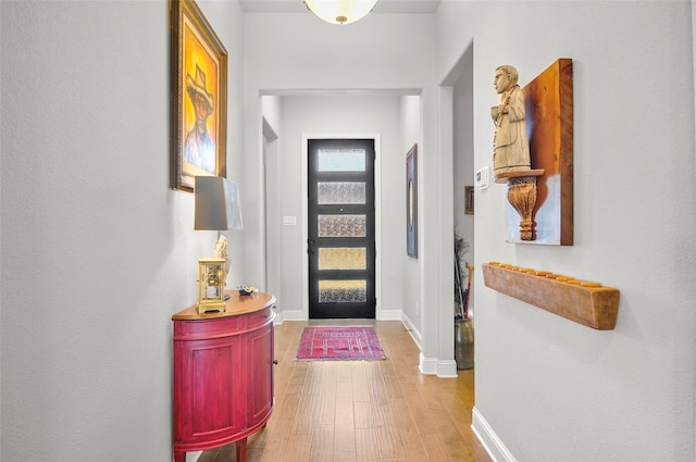 foyer entrance with baseboards and wood finished floors