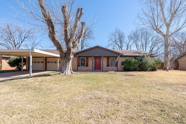 ranch-style home featuring brick siding, concrete driveway, a carport, board and batten siding, and a front yard