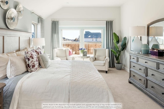 bedroom with light carpet and vaulted ceiling