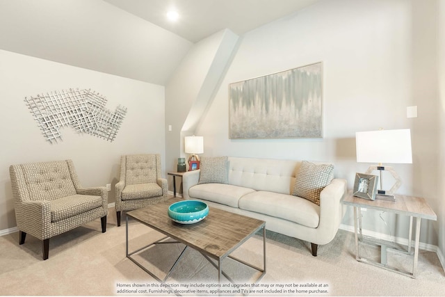 living area featuring baseboards, vaulted ceiling, and carpet flooring