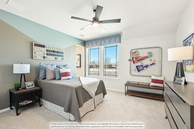 bedroom with carpet floors, visible vents, baseboards, and a ceiling fan