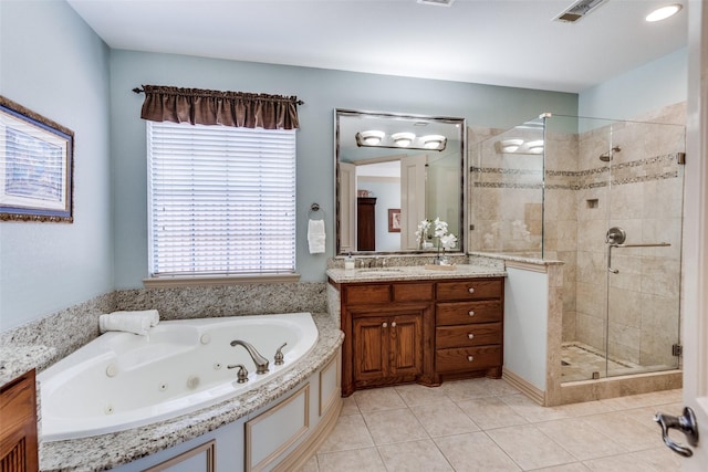 full bath featuring visible vents, a shower stall, vanity, a jetted tub, and tile patterned floors