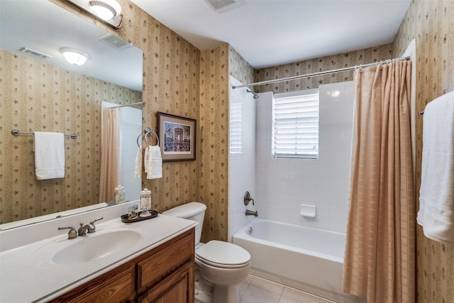 full bathroom with wallpapered walls, visible vents, toilet, tile patterned flooring, and shower / bathtub combination with curtain