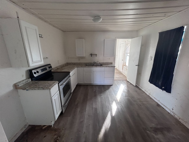 kitchen with a sink, white cabinets, dark wood finished floors, and stainless steel range with electric cooktop