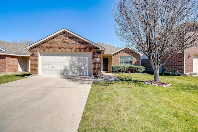 ranch-style home with an attached garage, driveway, brick siding, and a front yard