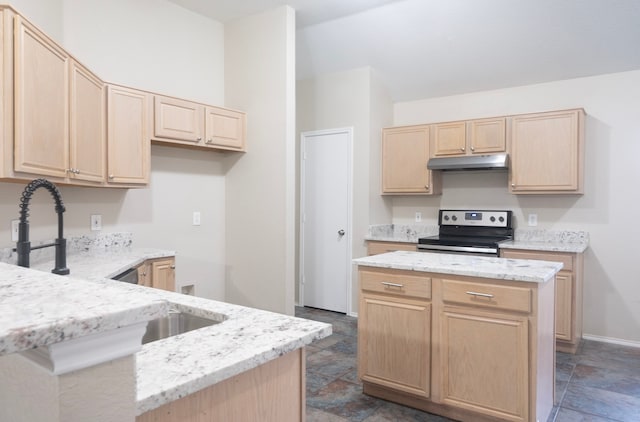 kitchen with light stone counters, electric stove, light brown cabinets, and under cabinet range hood