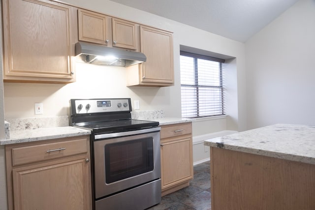 kitchen featuring under cabinet range hood, light brown cabinets, light stone counters, and electric stove