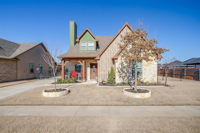 view of front of home featuring stone siding, a chimney, fence, and brick siding