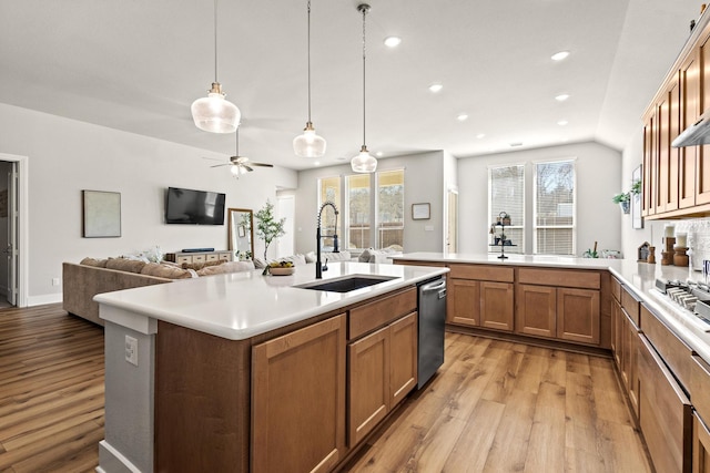 kitchen featuring stainless steel appliances, plenty of natural light, a sink, and light wood-style floors