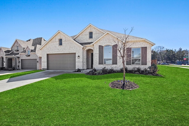 french provincial home with driveway, brick siding, a garage, and a front yard