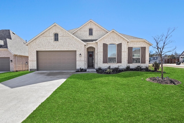 french country inspired facade featuring driveway, brick siding, a shingled roof, and a front yard