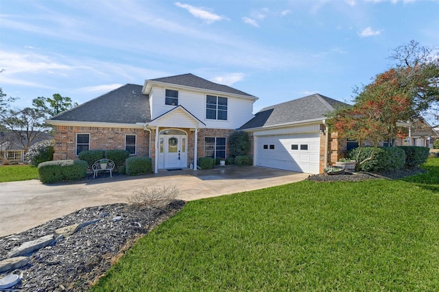 traditional home with a garage, a shingled roof, concrete driveway, a front lawn, and brick siding