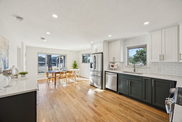 kitchen with light wood-style flooring, a sink, stainless steel appliances, white cabinetry, and backsplash