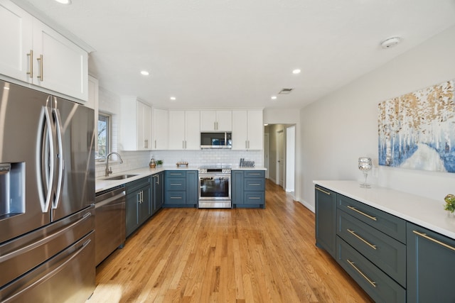 kitchen with a sink, white cabinetry, appliances with stainless steel finishes, backsplash, and light wood finished floors