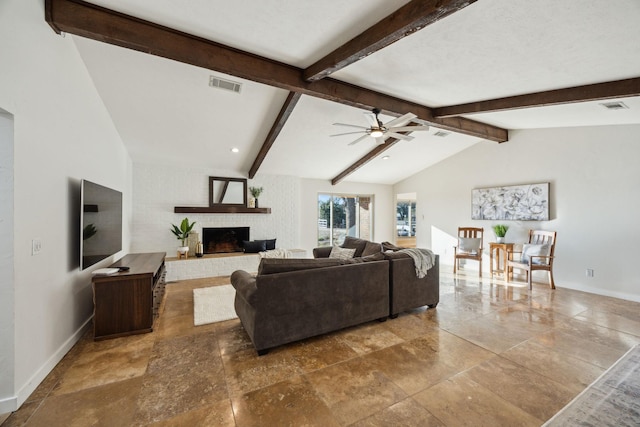 living area featuring lofted ceiling with beams, a fireplace, visible vents, and baseboards