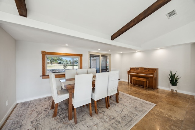 dining space with lofted ceiling with beams, recessed lighting, visible vents, and baseboards