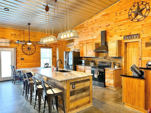 kitchen featuring stainless steel appliances, a sink, a healthy amount of sunlight, ventilation hood, and finished concrete floors