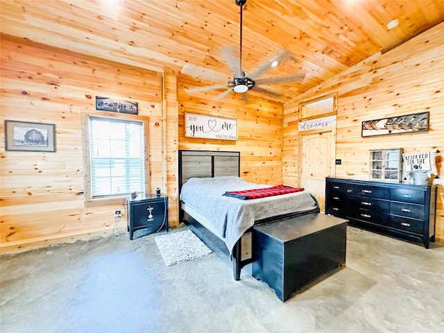 bedroom featuring wooden ceiling, wooden walls, vaulted ceiling, and concrete flooring