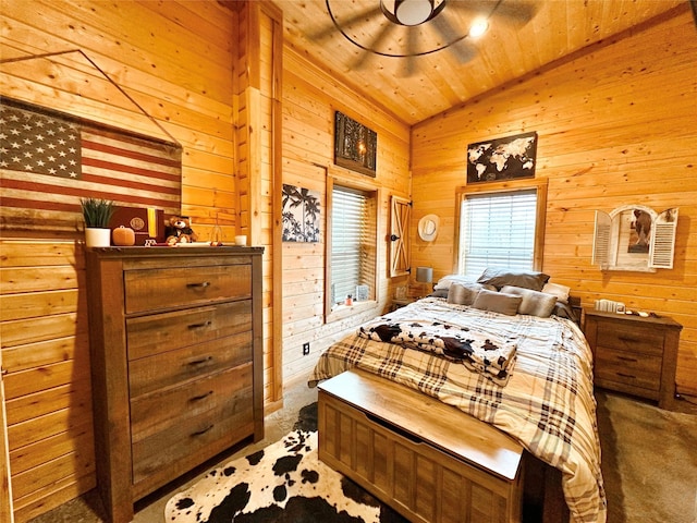 bedroom with carpet flooring, wood ceiling, and wooden walls