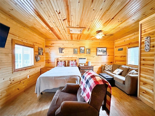 bedroom with wooden ceiling, light wood-style floors, and wood walls