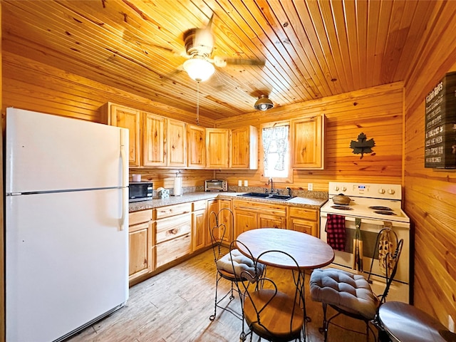 kitchen featuring wooden ceiling, a sink, wooden walls, light wood-type flooring, and white appliances