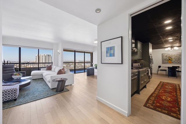 living room featuring light wood-style flooring, a view of city, and baseboards