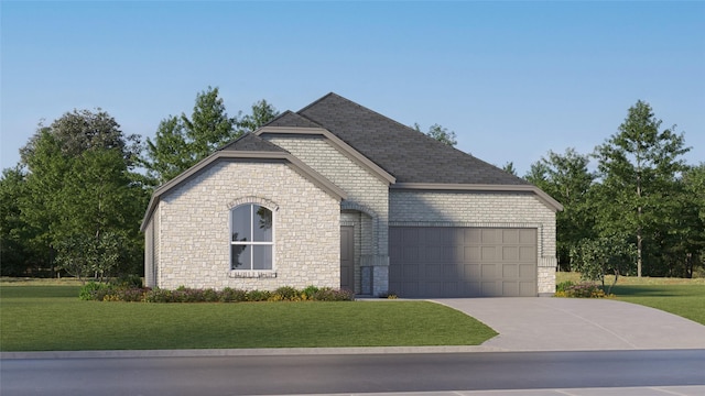 view of front of house featuring a garage, a front yard, concrete driveway, and stone siding