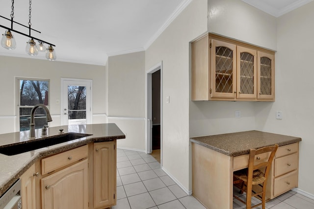 kitchen with dishwasher, crown molding, light brown cabinetry, a sink, and light tile patterned flooring