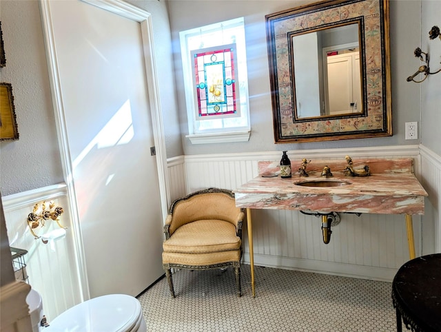 half bath featuring wainscoting, vanity, and toilet