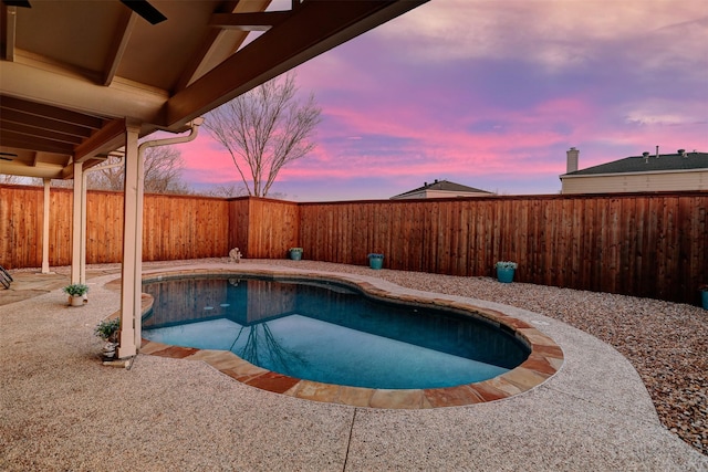 view of pool featuring a patio area, a fenced backyard, and a fenced in pool