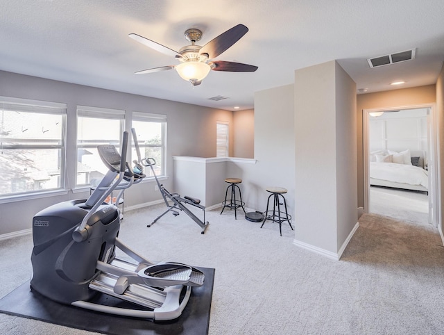 workout area with carpet flooring, visible vents, and baseboards